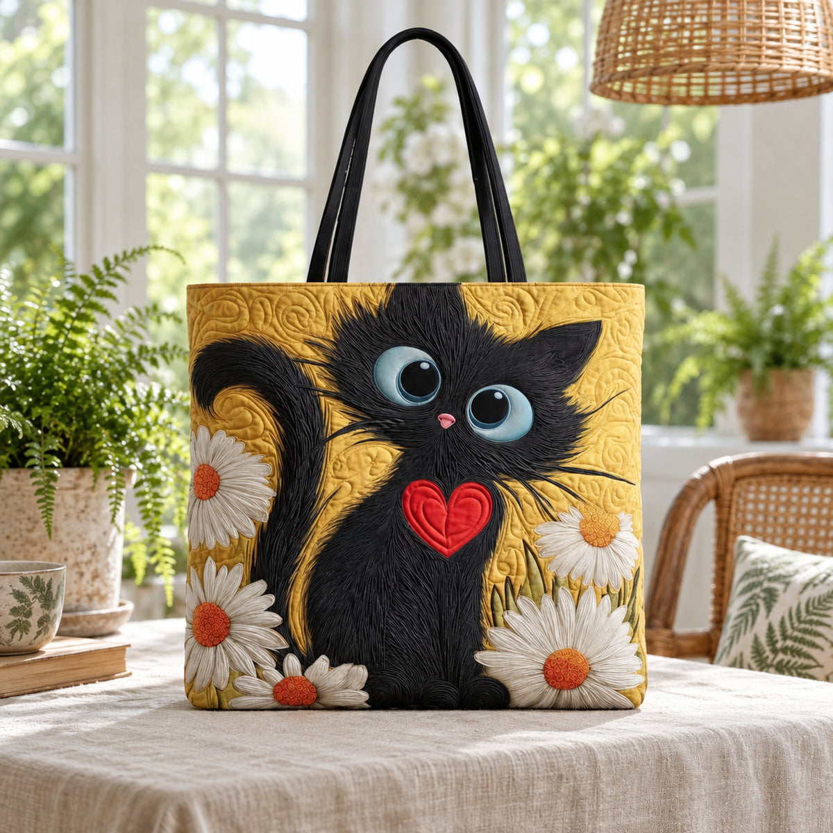 Black Cat & Daisies Quilted Tote