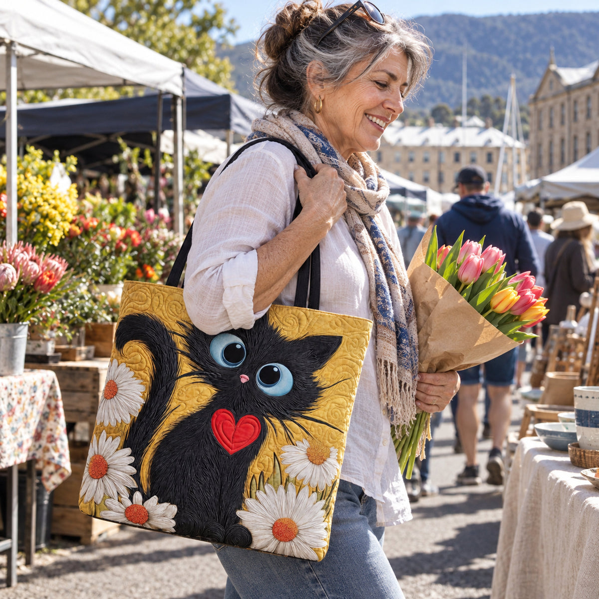 Black Cat & Daisies Quilted Tote, styled at home