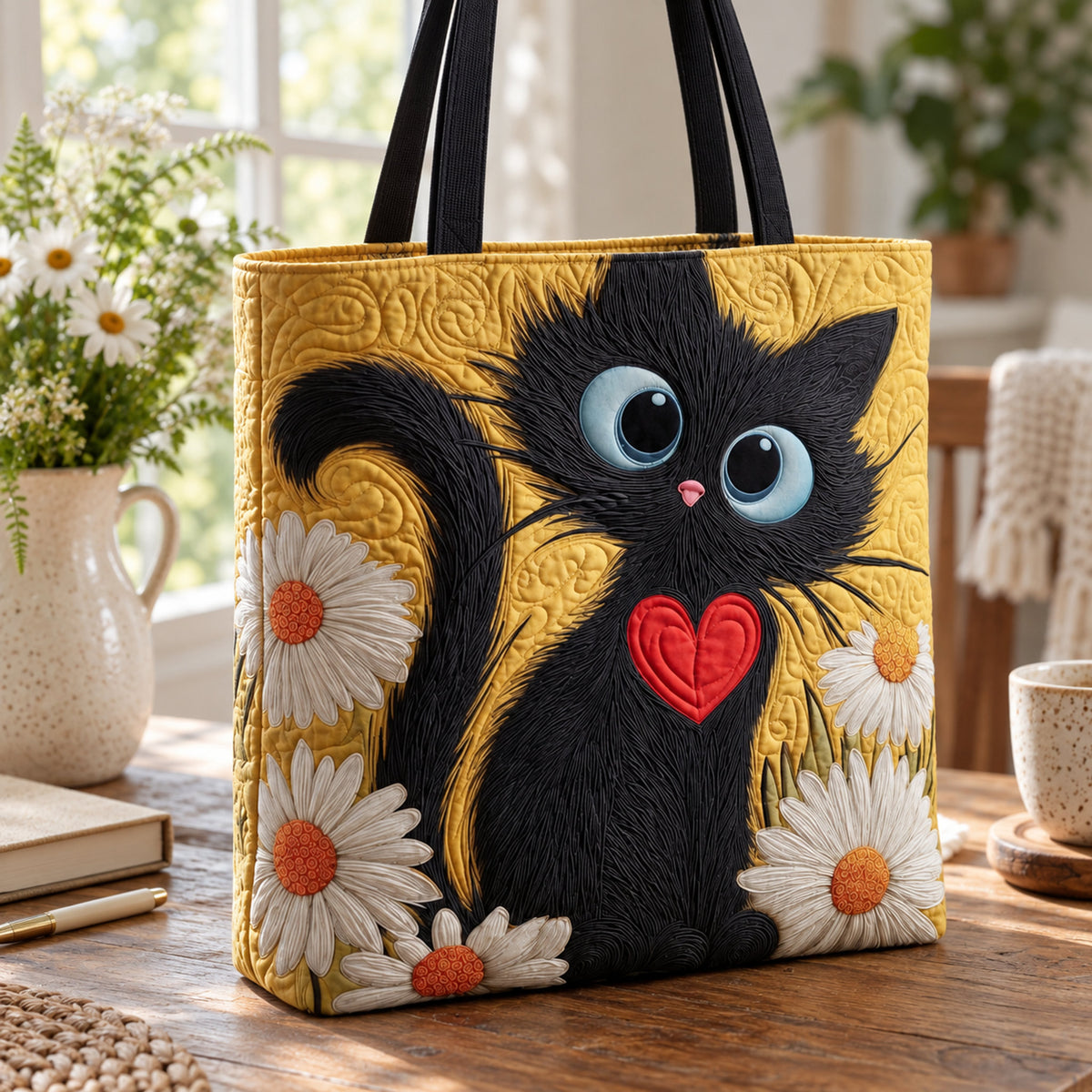 Black Cat & Daisies Quilted Tote, close-up
