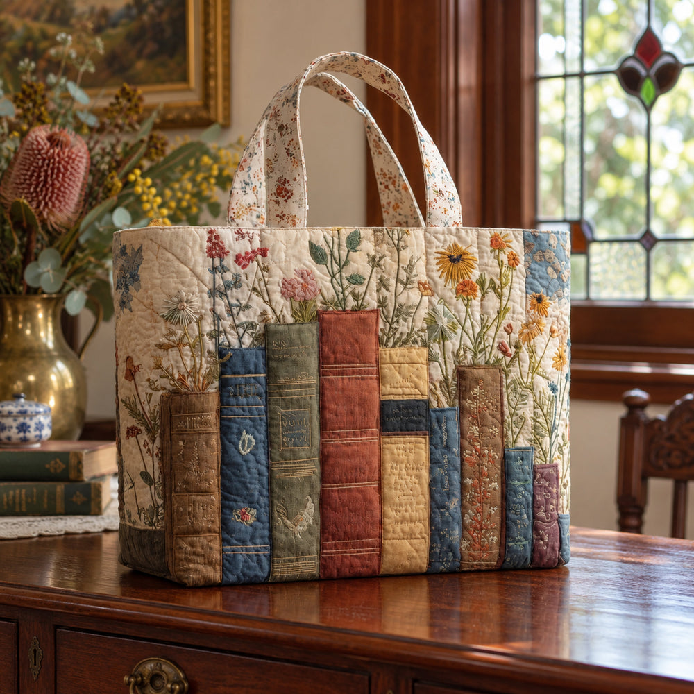 Bookshelf Blooms Quilted Tote