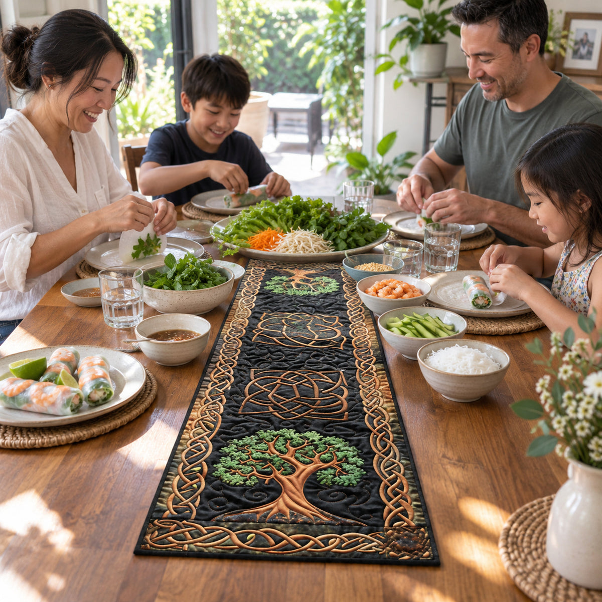 Celtic Spirit Quilted Table Runner, styled at home