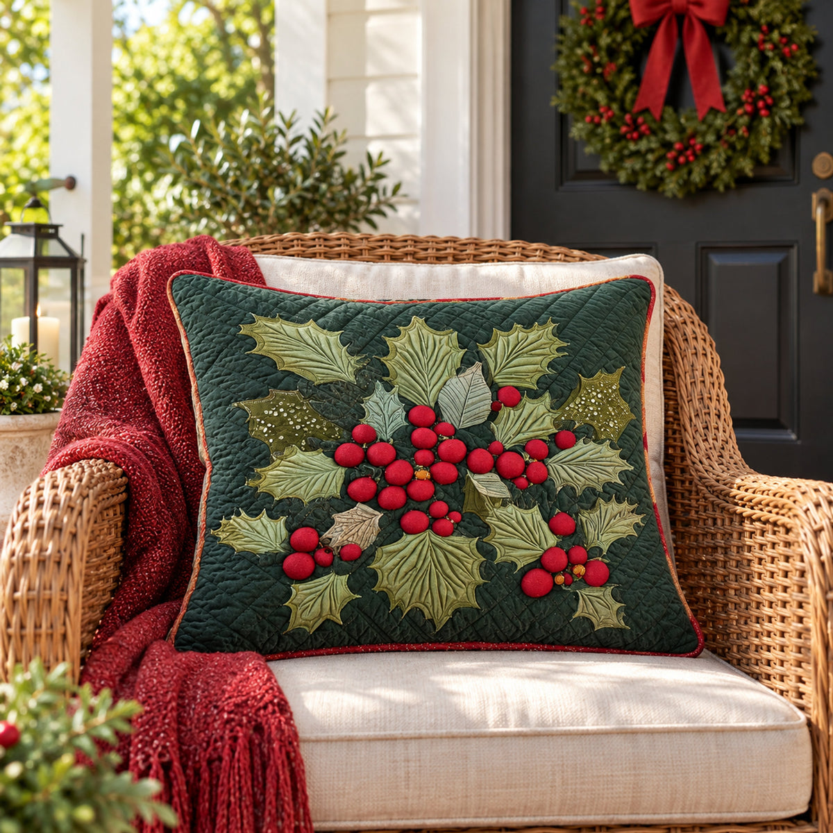 Christmas Holly Quilted Cushion Cover