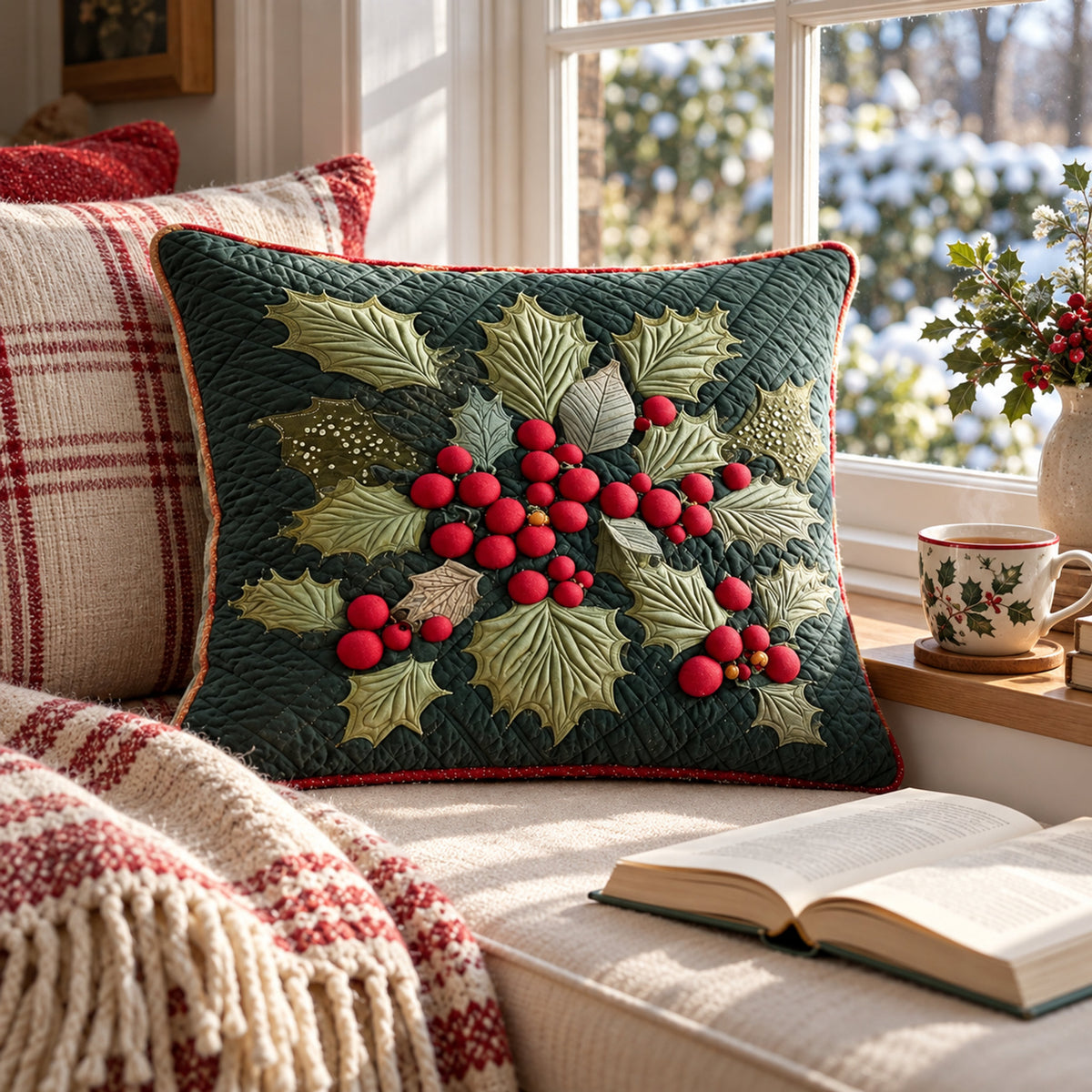 Christmas Holly Quilted Cushion Cover, close-up