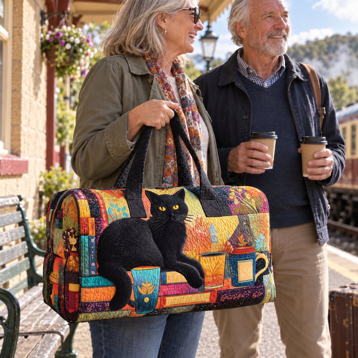 Coffee Cat Quilted Weekender Bag, styled at home