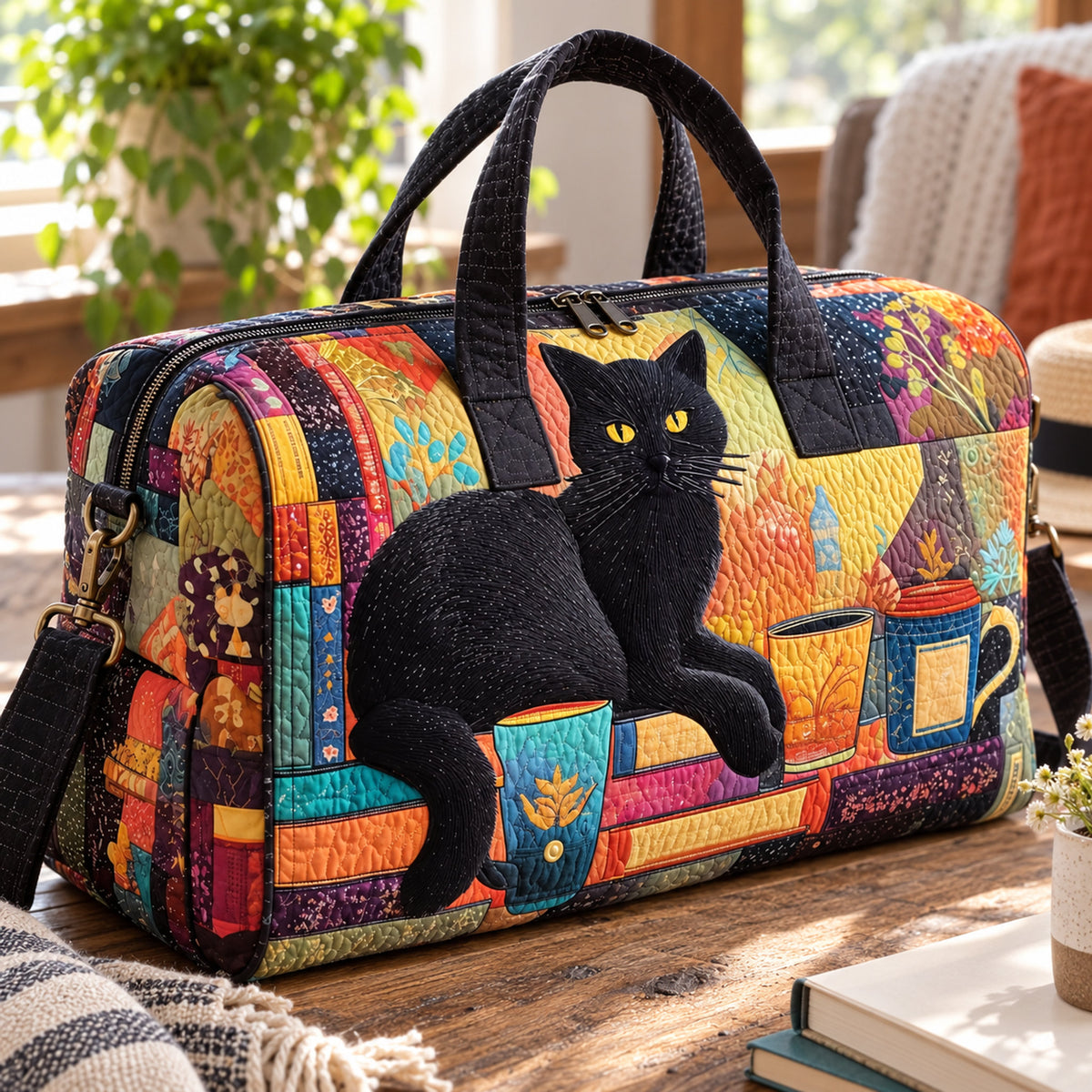 Coffee Cat Quilted Weekender Bag, close-up