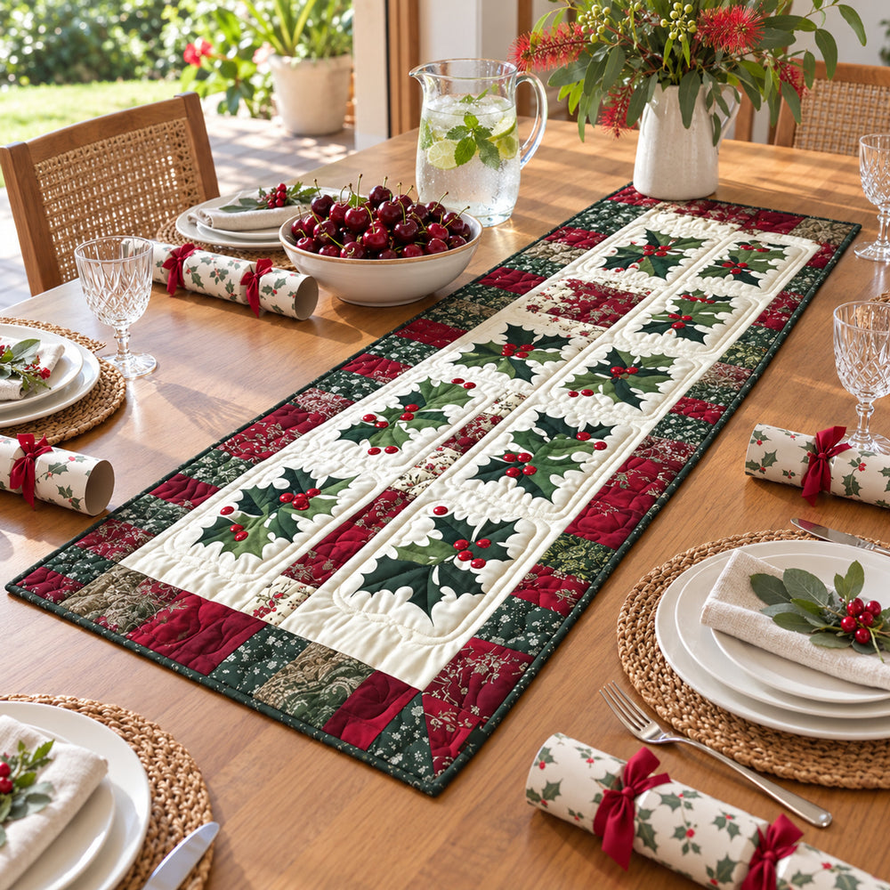 Festive Holly Quilted Table Runner