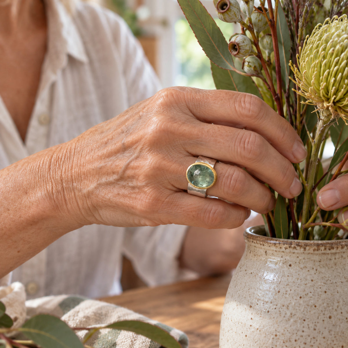 Green Stone Vintage Ring, styled at home