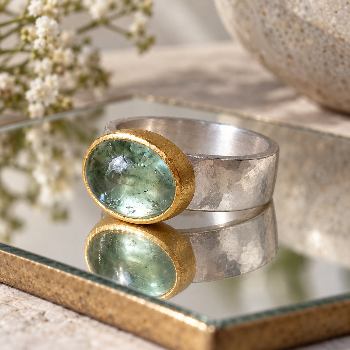 Green Stone Vintage Ring, close-up