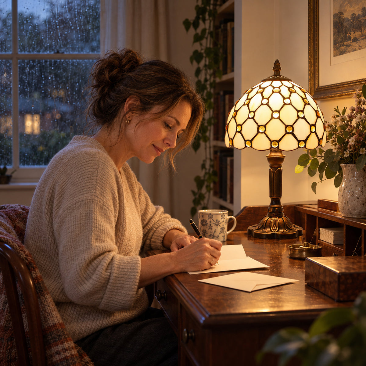 Ivory Jewel Leadlight Table Lamp, styled at home