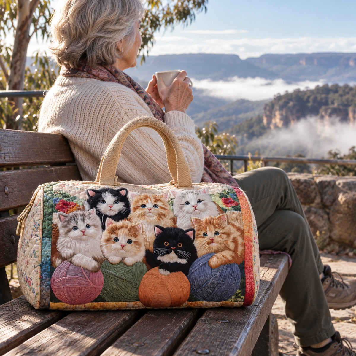 Kittens & Yarn Quilted Weekender Bag, styled at home