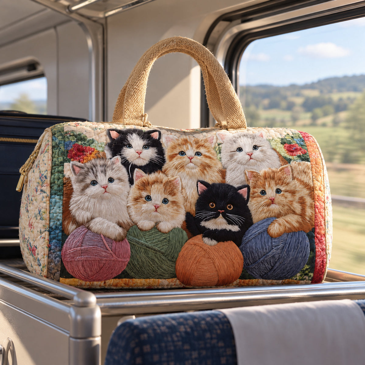 Kittens & Yarn Quilted Weekender Bag, close-up