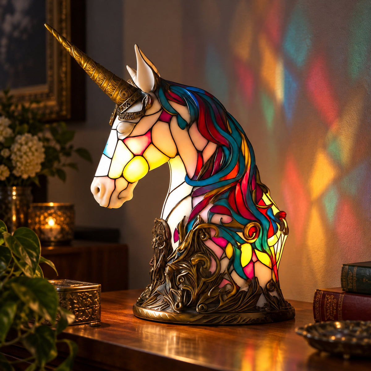 Luna Unicorn Mosaic Lamp, close-up