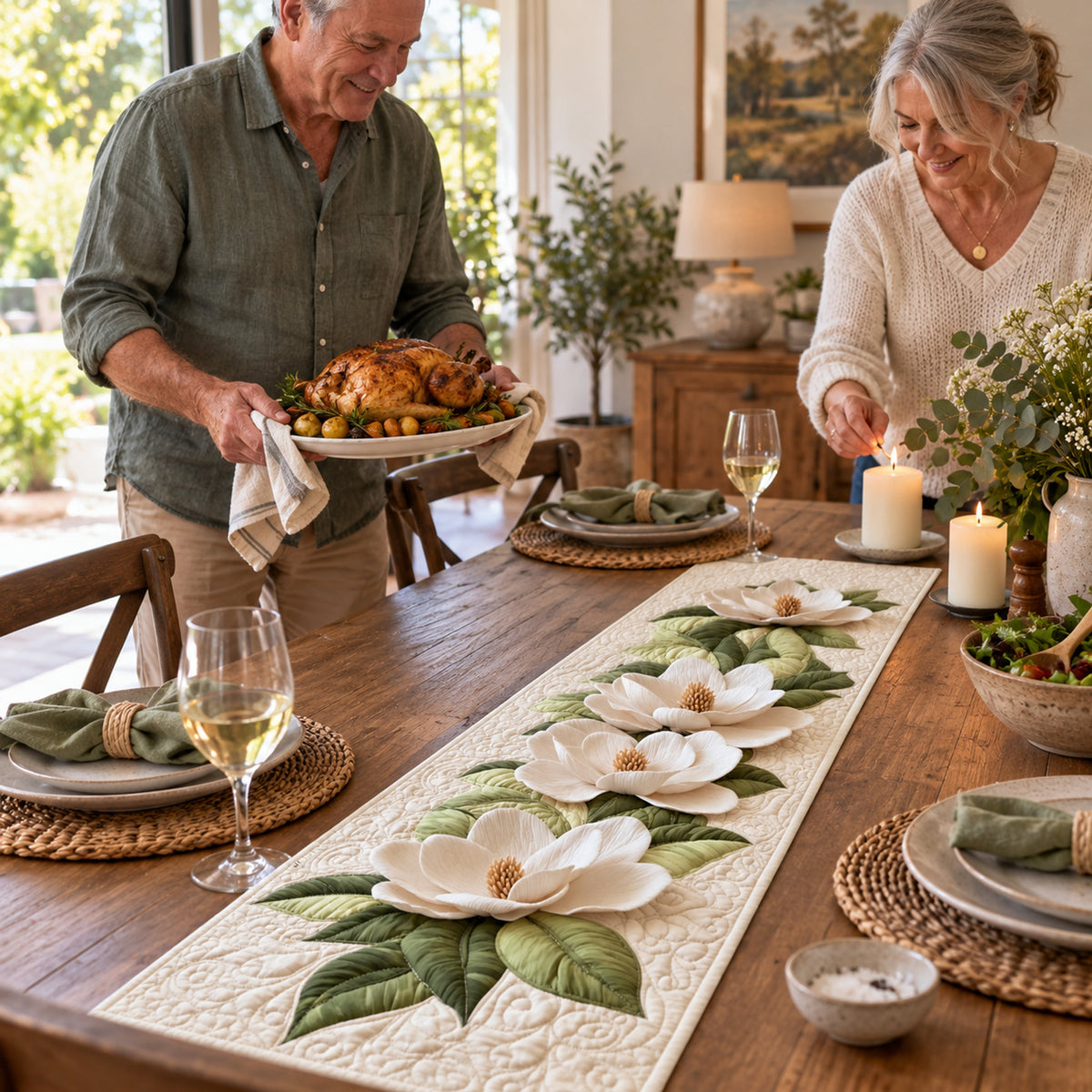 Magnolia Grace Quilted Table Runner, styled at home
