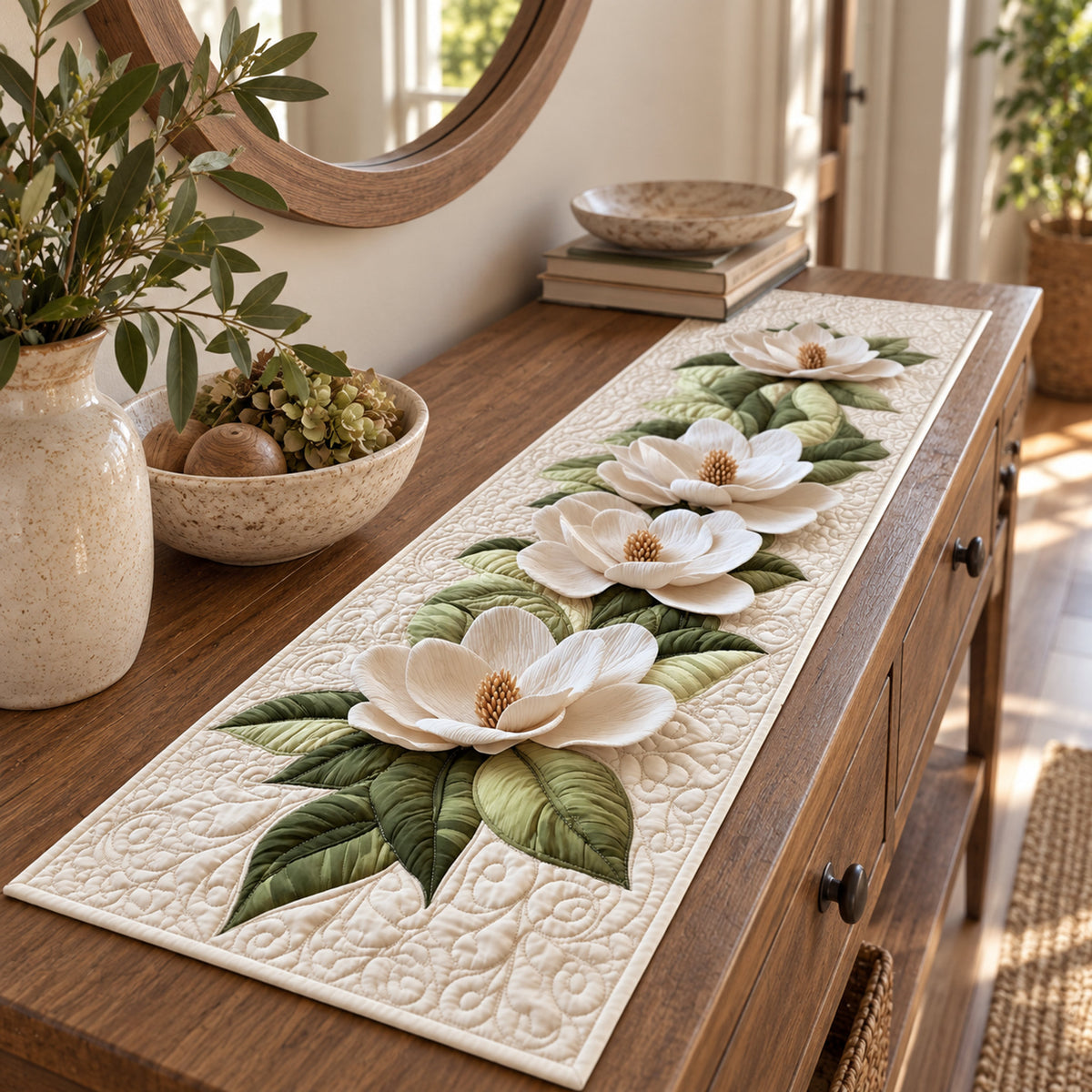 Magnolia Grace Quilted Table Runner, close-up