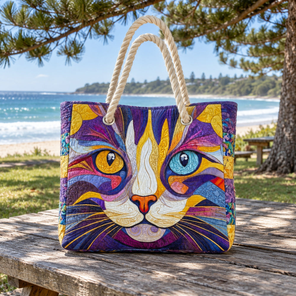 Mosaic Cat Quilted Beach Bag