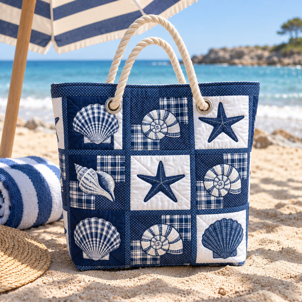Navy Seashell Patchwork Beach Bag