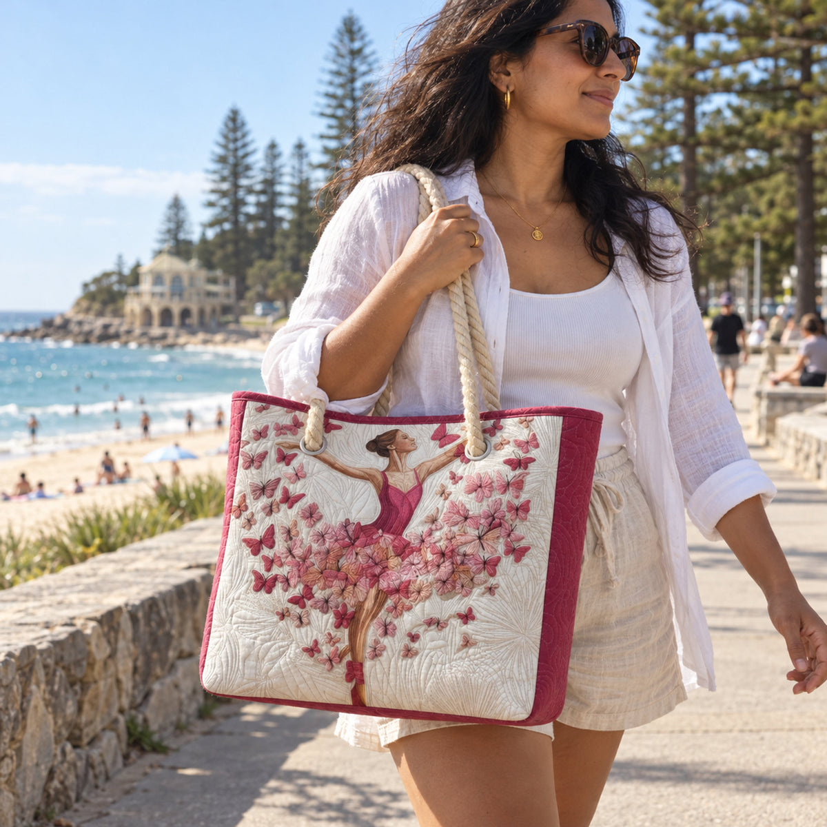 Petal Ballerina Quilted Beach Bag, styled at home