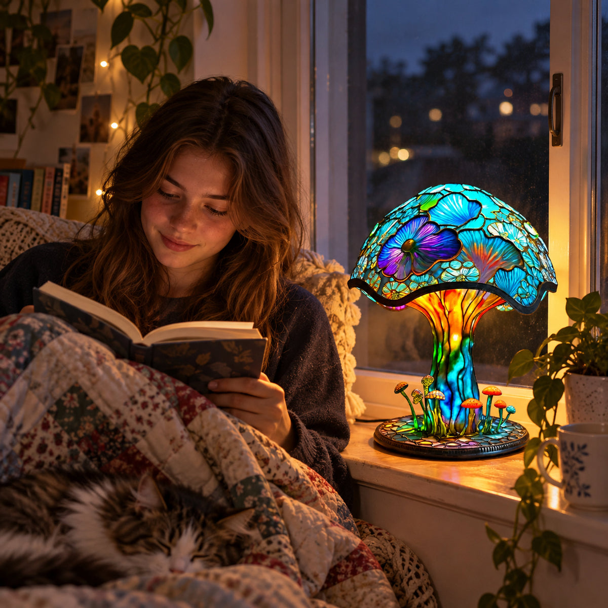 Rainbow Mushroom Mosaic Lamp, styled at home