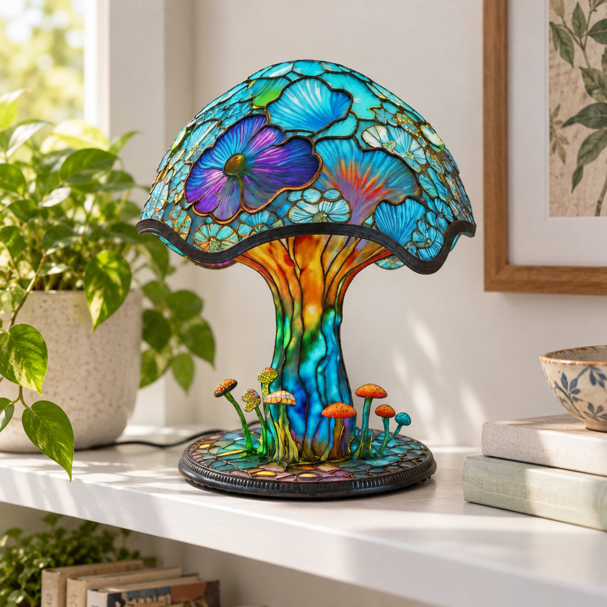 Rainbow Mushroom Mosaic Lamp, close-up