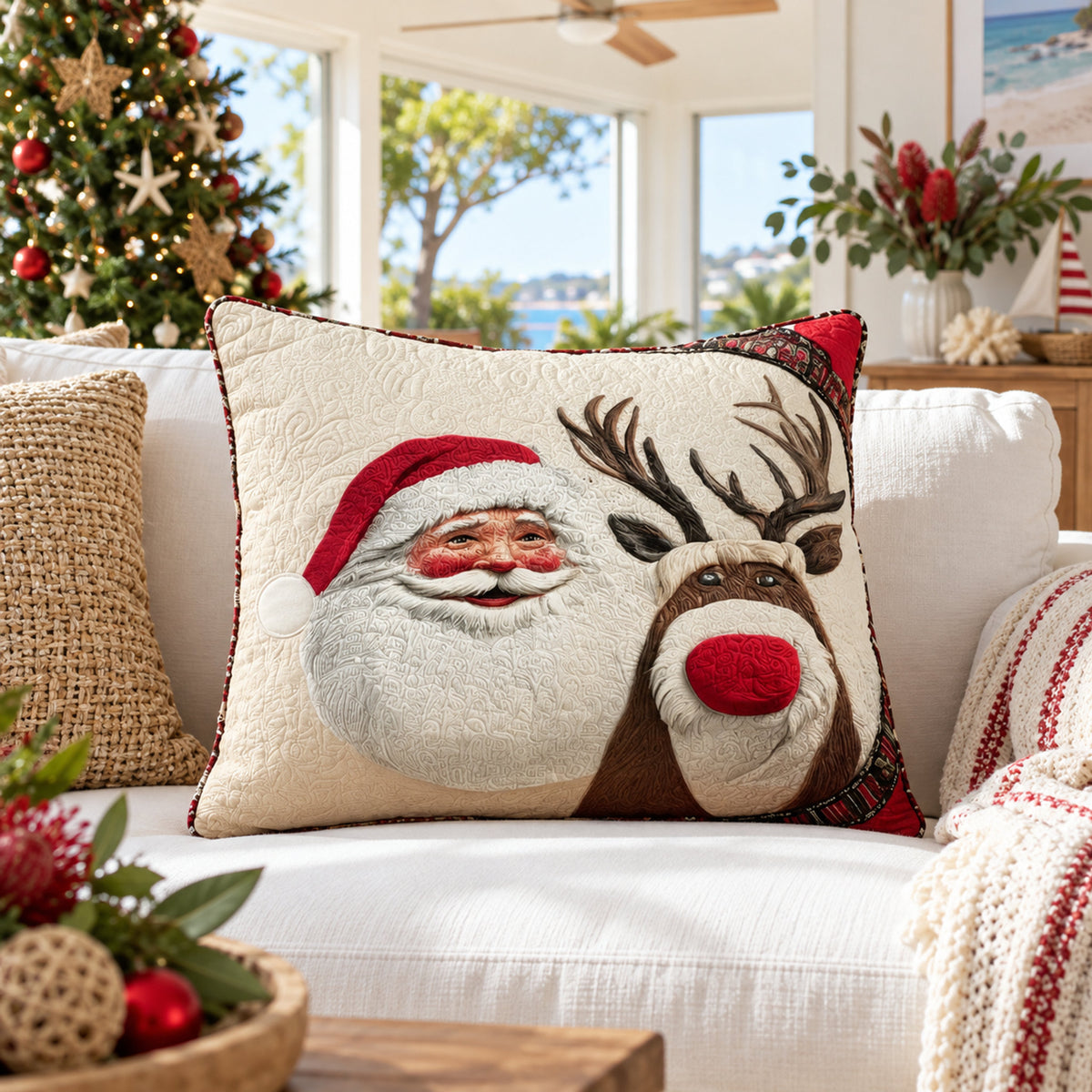 Santa & Reindeer Quilted Cushion Cover