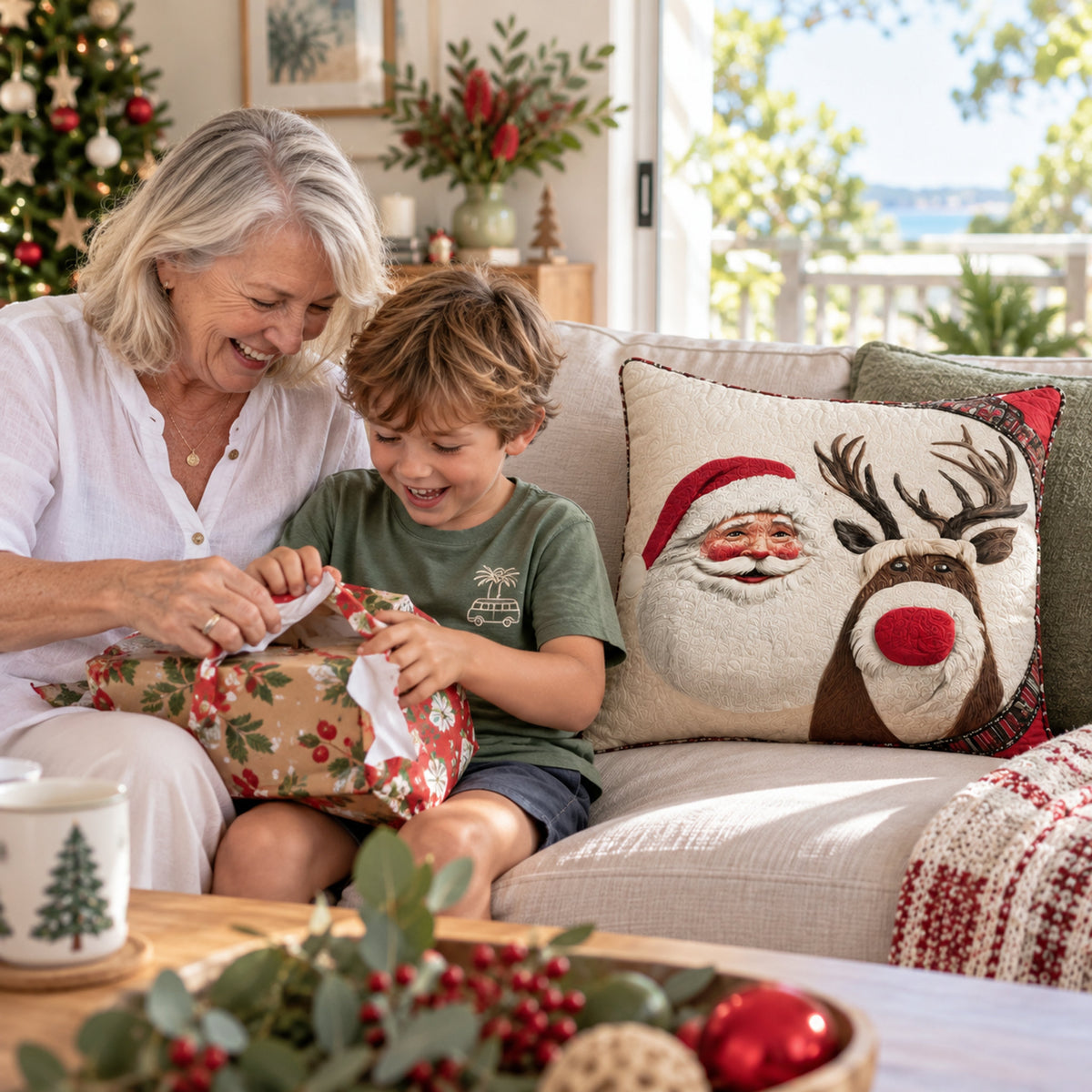 Santa & Reindeer Quilted Cushion Cover, styled at home