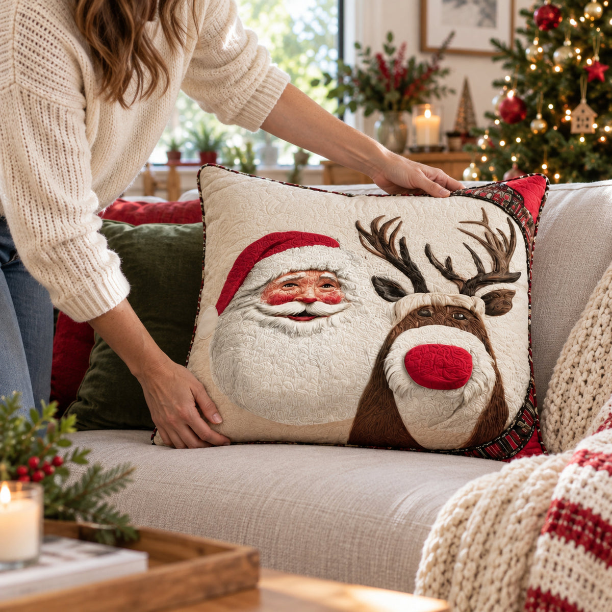 Santa & Reindeer Quilted Cushion Cover, close-up