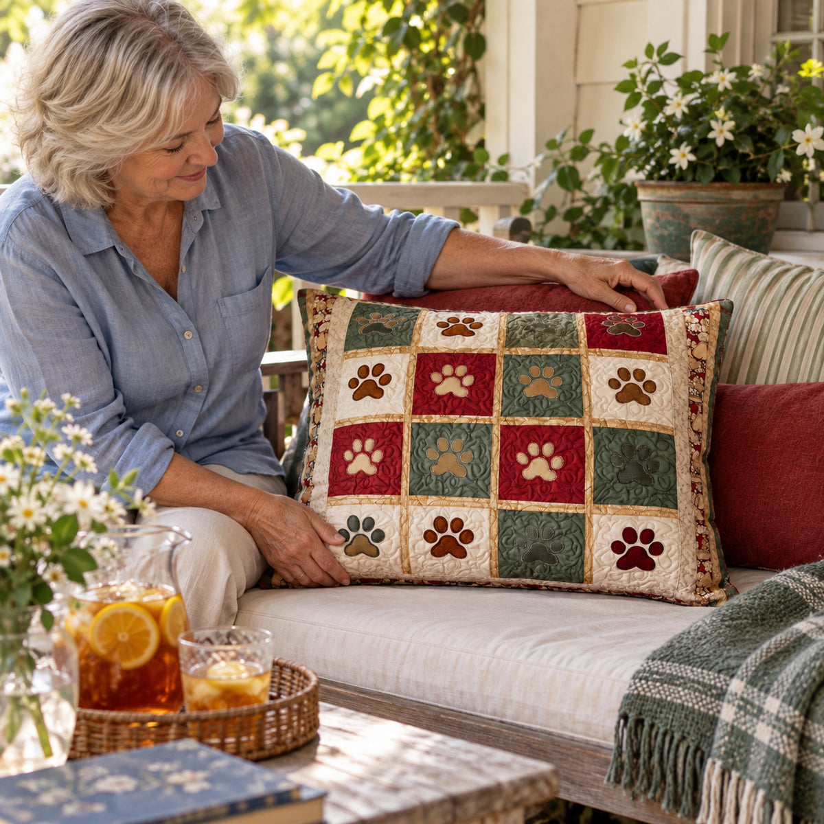 Scarlet Paws Quilted Cushion Cover, styled at home