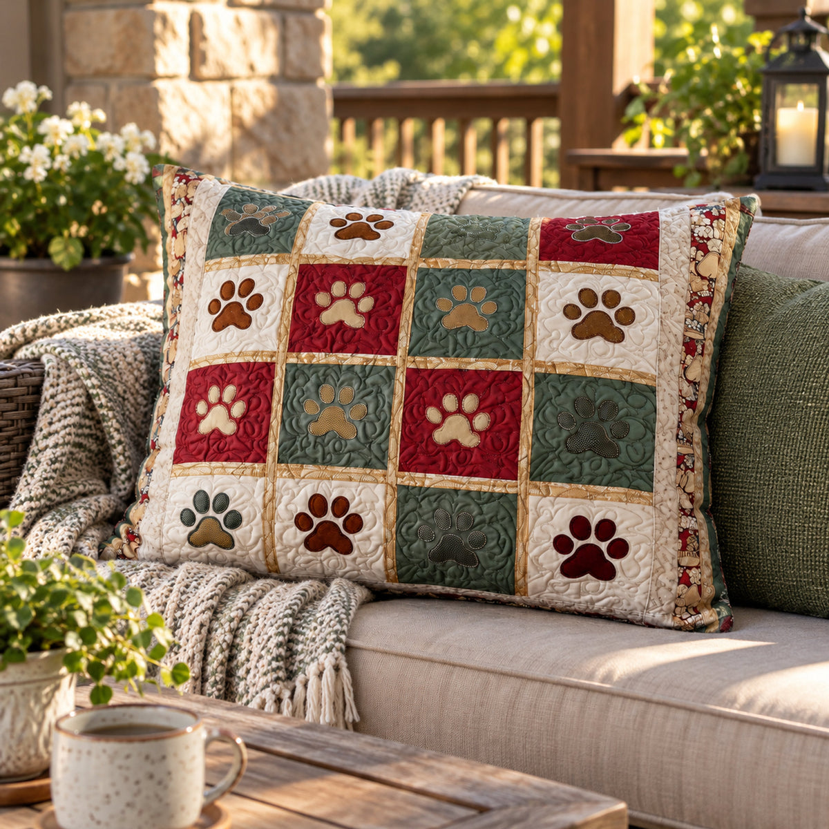 Scarlet Paws Quilted Cushion Cover, close-up