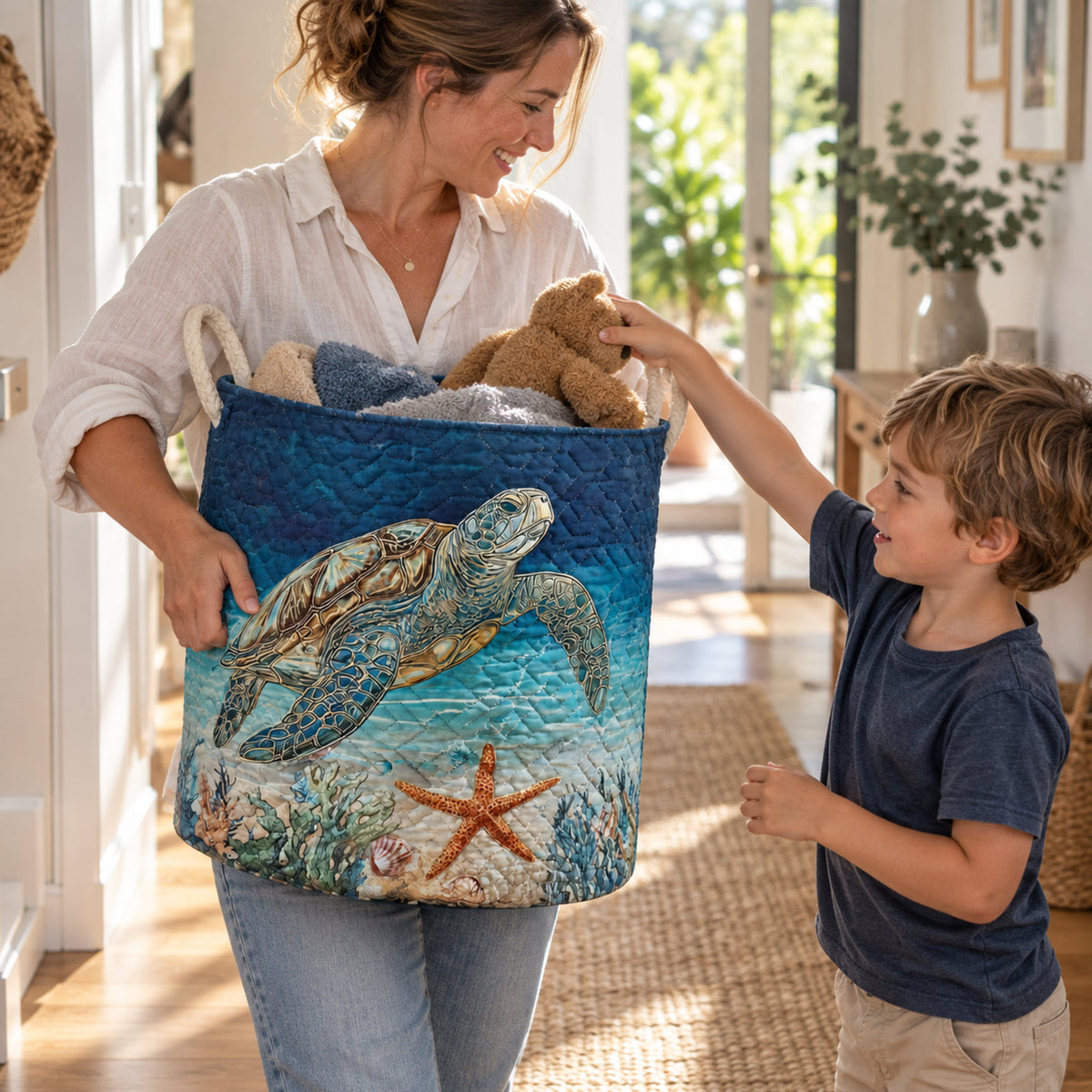 Sea Turtle Quilted Laundry Basket, styled at home