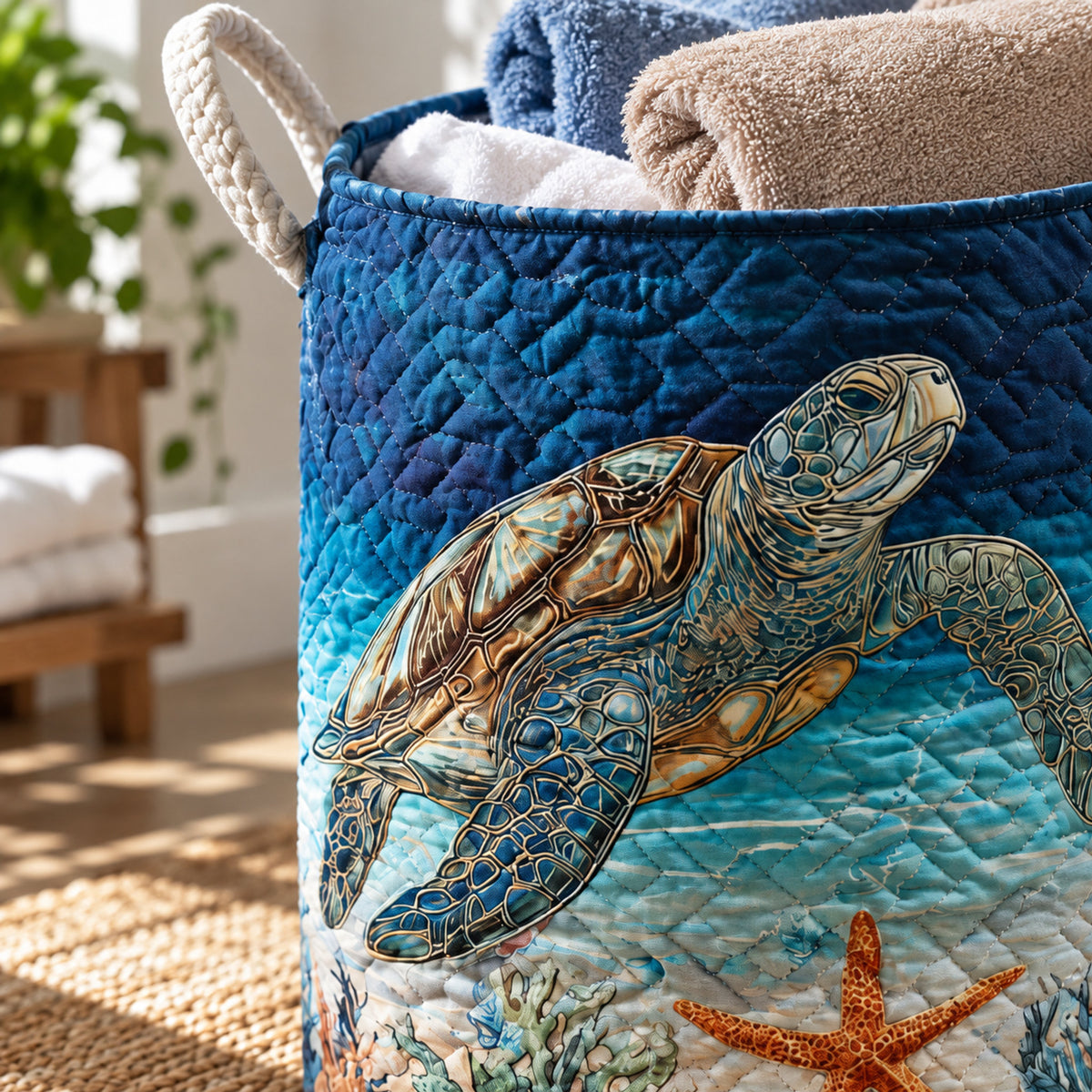 Sea Turtle Quilted Laundry Basket, close-up