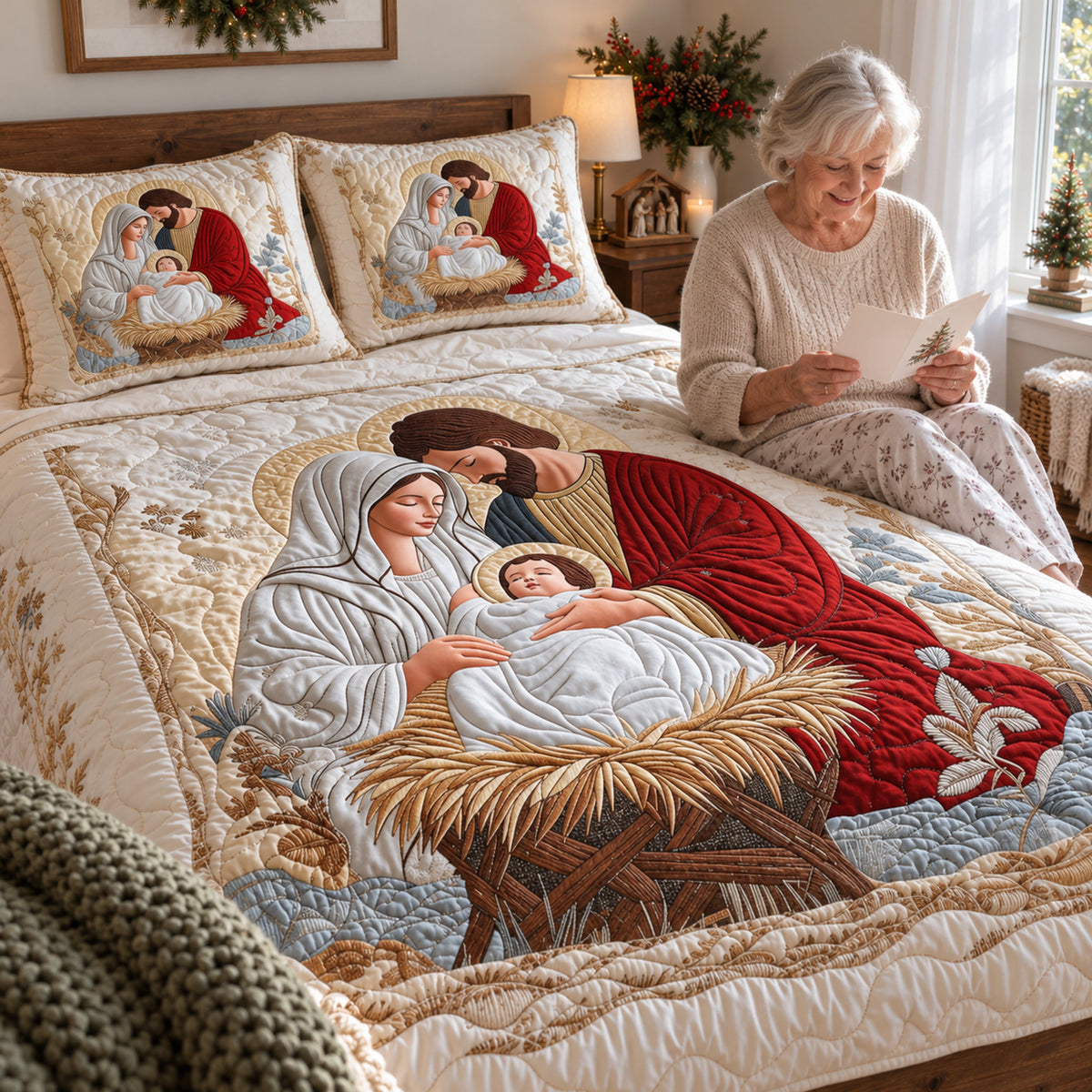 Silent Night Nativity Quilted Coverlet Set, styled at home