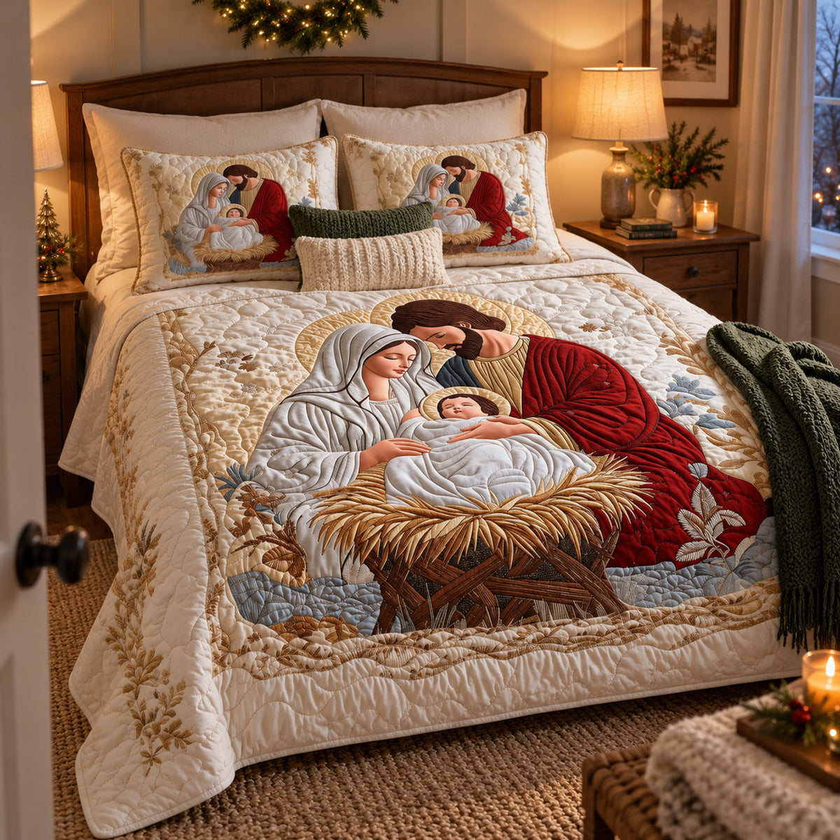 Silent Night Nativity Quilted Coverlet Set, close-up
