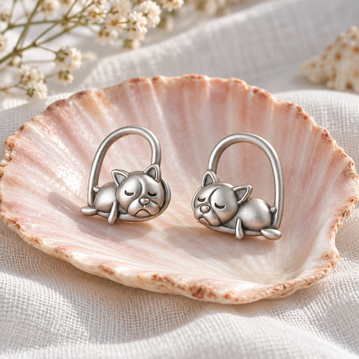 Sleeping Puppy Silver Earrings