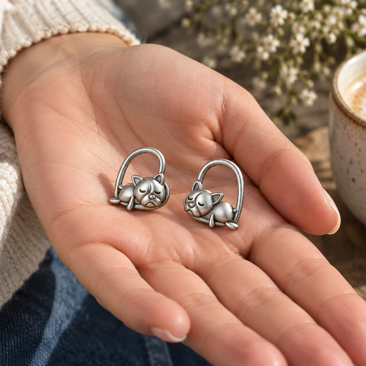 Sleeping Puppy Silver Earrings, close-up