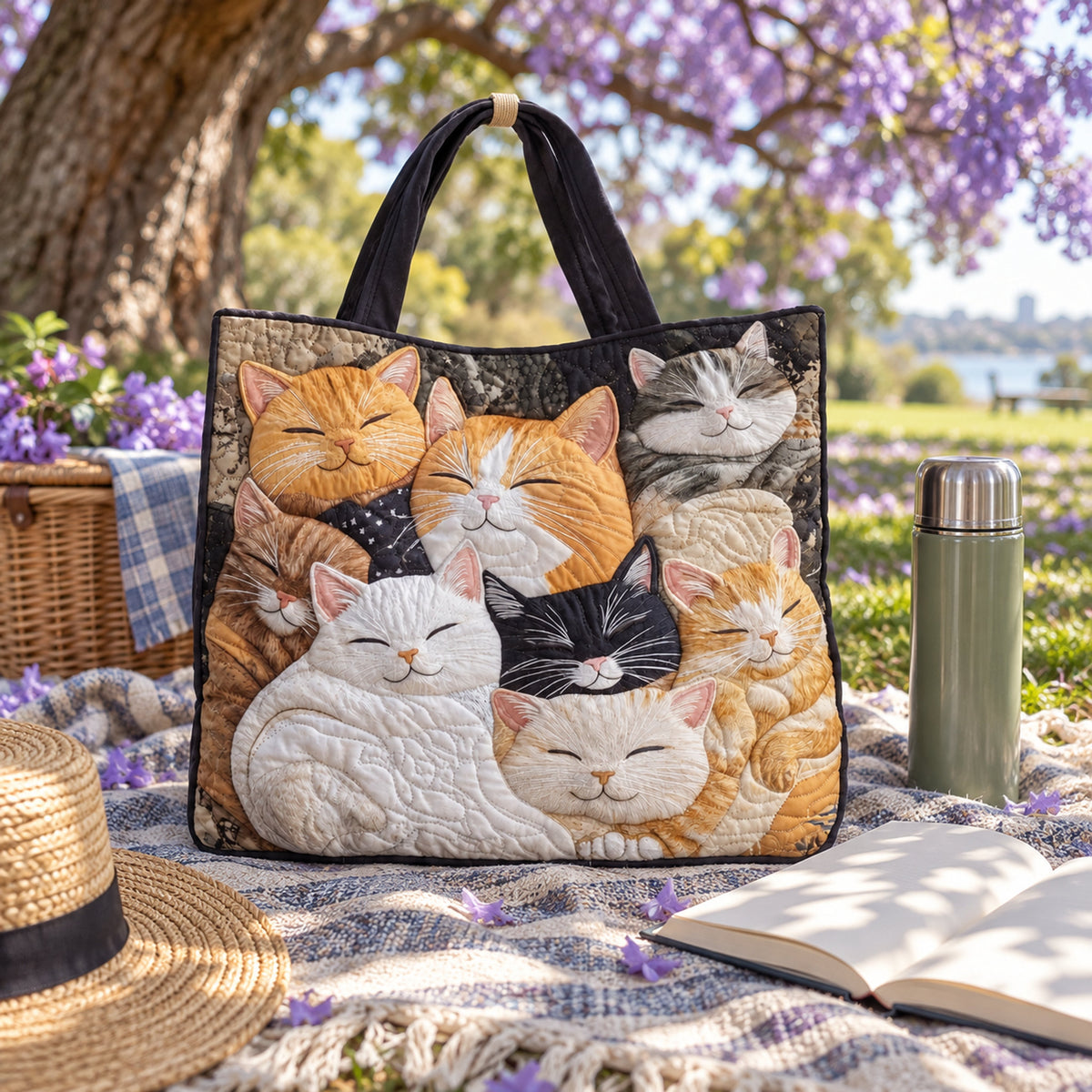 Sleepy Cats Quilted Tote, close-up