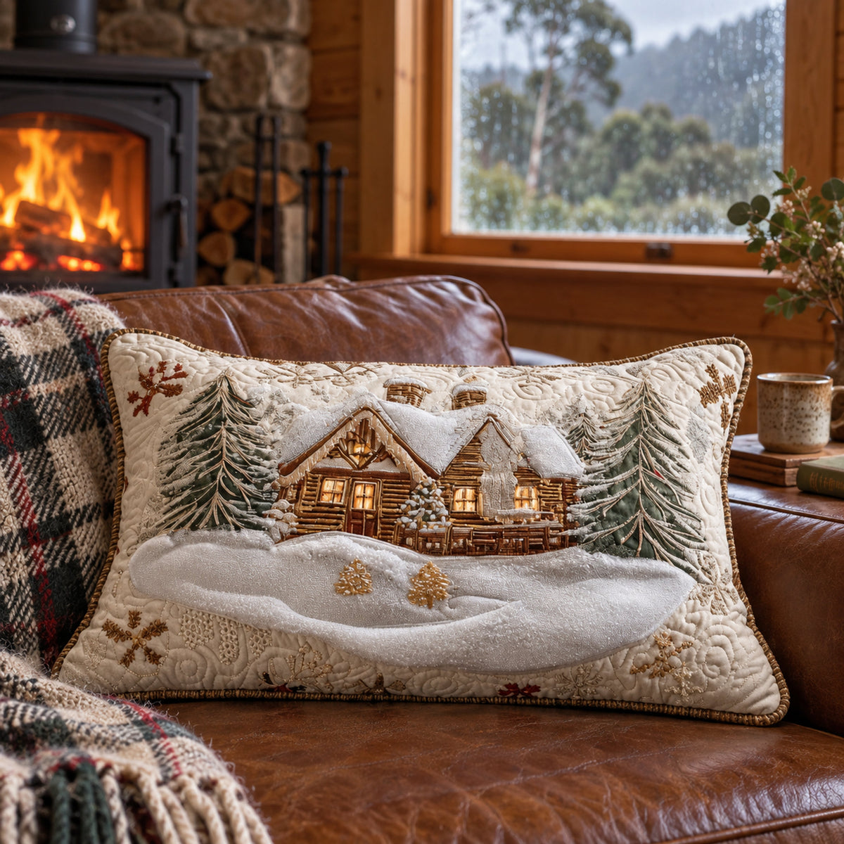 Snowy Cabin Quilted Cushion Cover