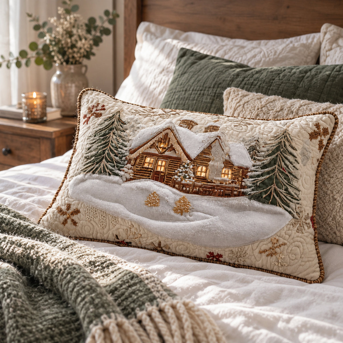 Snowy Cabin Quilted Cushion Cover, close-up