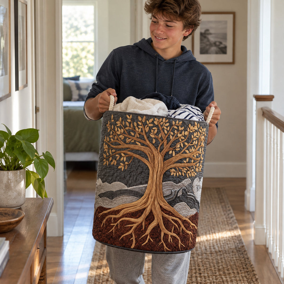 Tree of Life Quilted Laundry Basket, styled at home