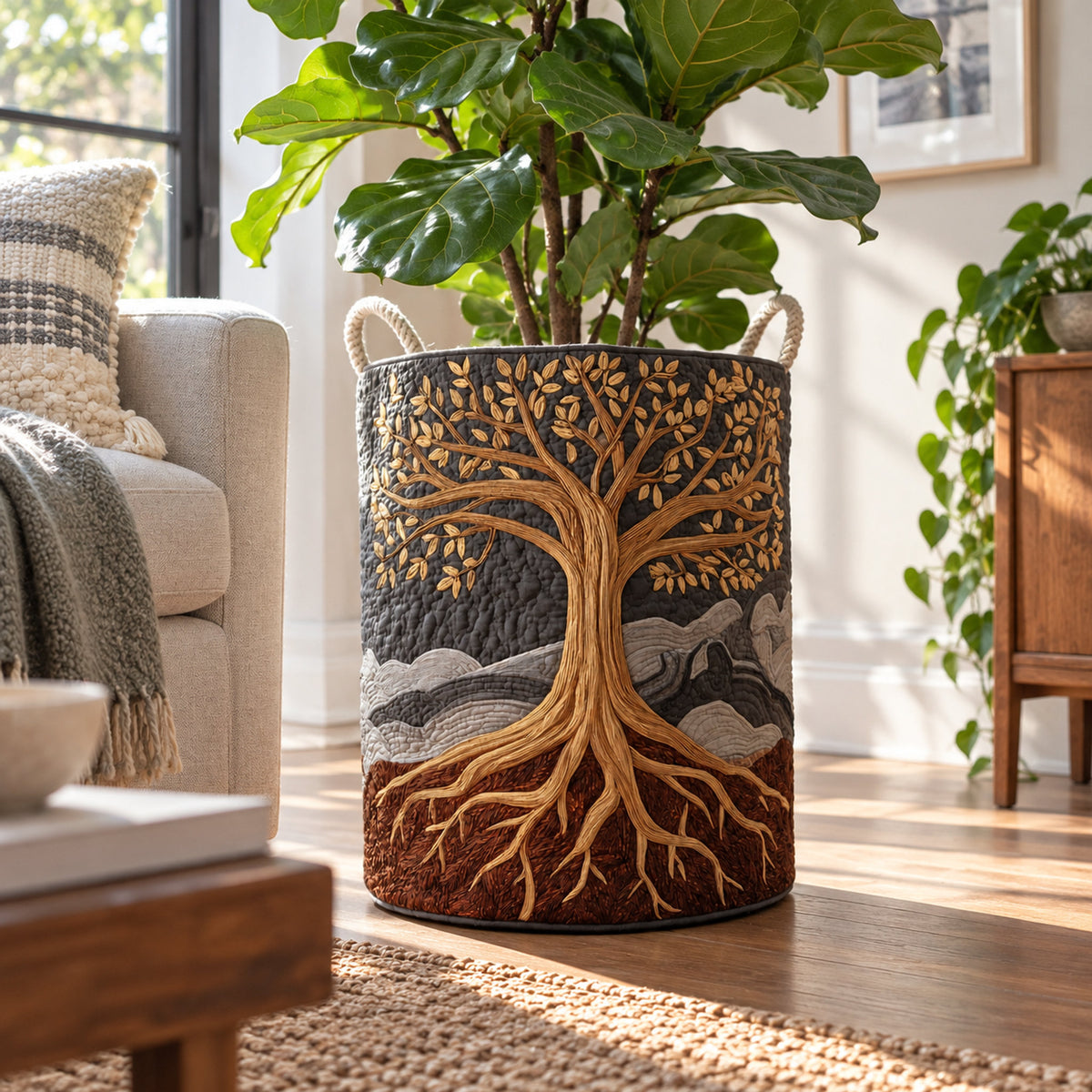 Tree of Life Quilted Laundry Basket, close-up