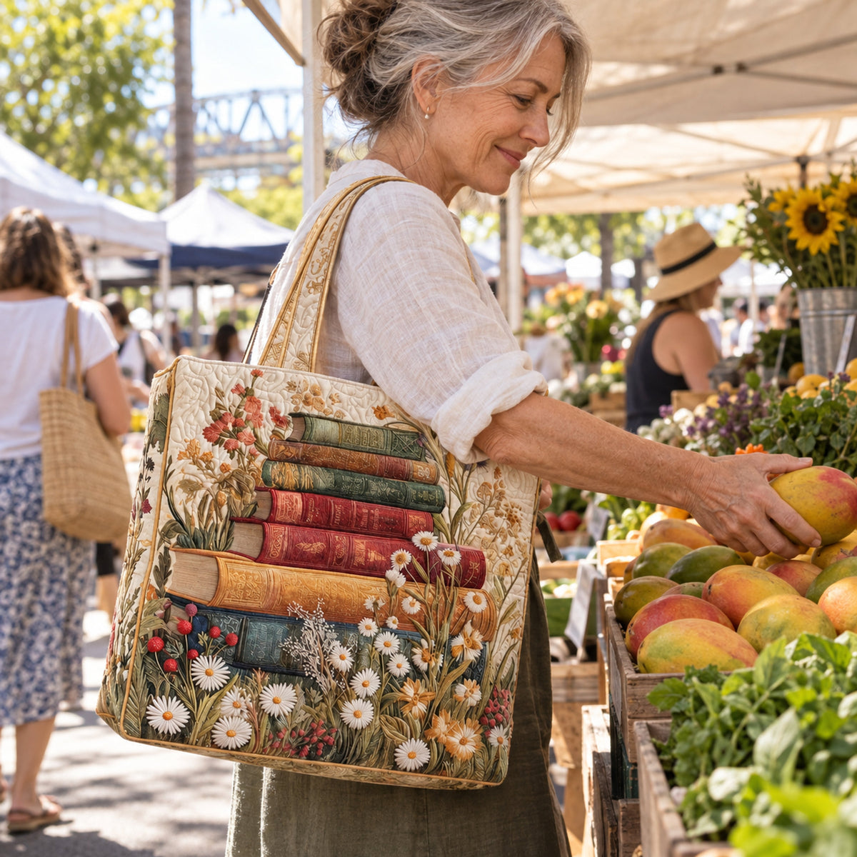 Wildflower Book Stack Quilted Tote, styled at home