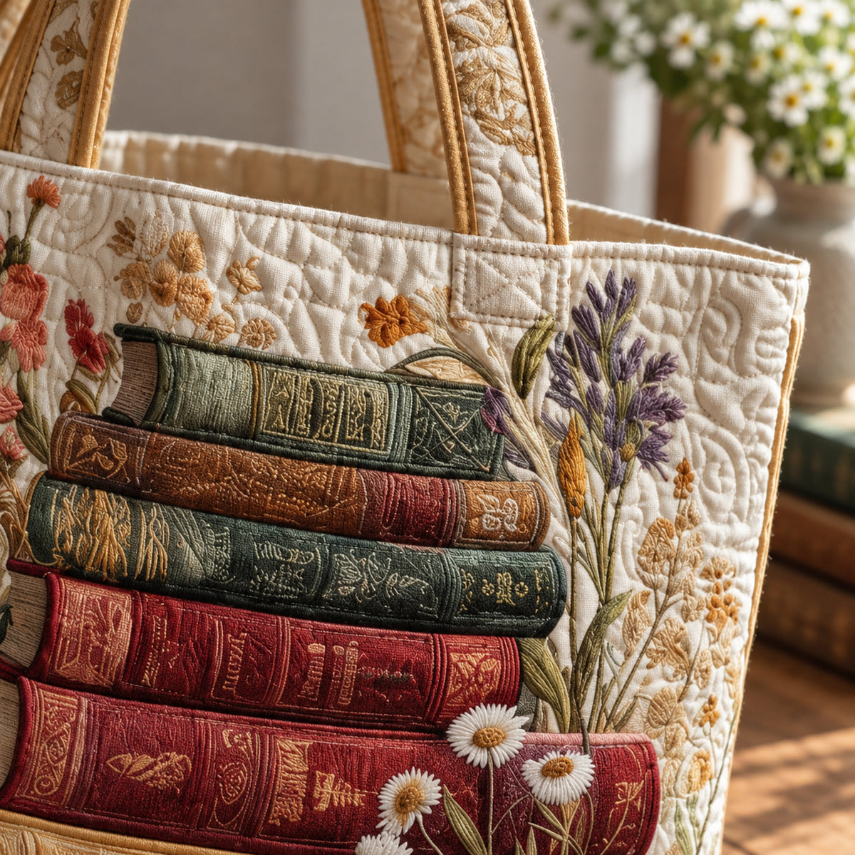 Wildflower Book Stack Quilted Tote, close-up